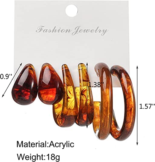 3Pairs Minimalist Vintage Lightweight Polished Teardrop Waterdrop C Shape Circle Round Cuff Acrylic Resin Hoop Earrings Colorful Thick Chunky Wide Thin Acetic Acid Earring Set for Women2