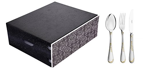Faqueiro Tramontina Renascença em Aço Inox com Facas de Mesa Detalhes em Ouro Acabamento Brilho e Fosco Estojo de Madeira 101 Peças
