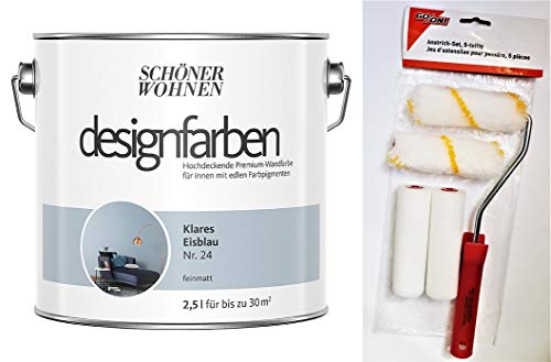 Schöner Wohnen designfarben feinmatte Wandfarbe für innen 2,5 Liter mit go/on Rollen-Set 5-tlg (Nr 24 Klares Eisblau)