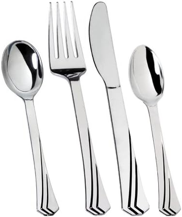 Plastic Cutlery Silverware Heavyweight Disposable Flatware, Plastic Cutlery Like Silver Combo Pack 144 pieces - 36 of each Fork, Knife, Teaspoon, Soup spoon