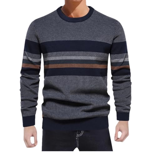 Men's Pullover Knitted Sweater Retro Top Slim Fit Round Neck Striped Knitted Sweater