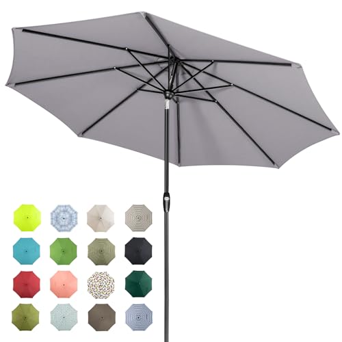 Image of Tempera 9ft Patio Market Outdoor Table Umbrella with Auto Tilt and Crank, Large Sun Umbrella with Sturdy Pole & Fade Resistant Canopy, Easy to Set, Grey