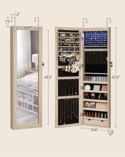 Songmics 6 Leds Mirror Jewelry Cabinet, 47.2" H Lockable Wall/Door Mounted Jewelry Armoire Organizer With Mirror, 2 Drawers, Oak Color Ujjc093M01 #TOP5
