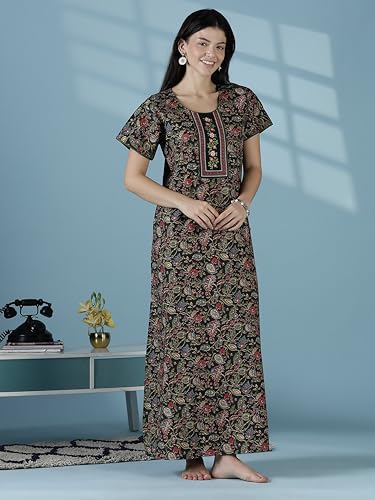 Image of 9shines Label Stylish Pure Cotton Nighty Maxi for Women | Embroidery Neckline Nightgown | A-Line Nightdress with Pocket | Floral Night Gown| Soft Comfortable Cotton Sleepwear (Cotton Yoke)