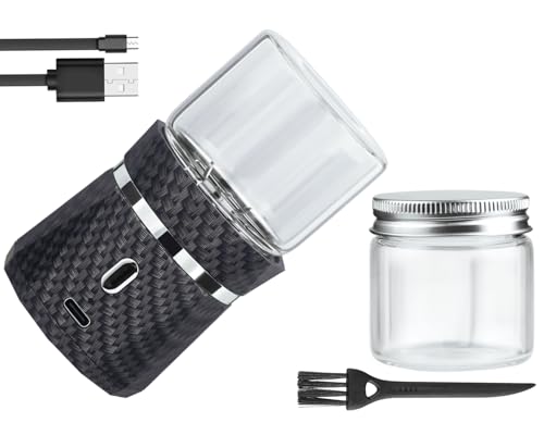 MOFOGDR Electric Grinder Automatic Mini Size Spice Crusher Herbal Grinder with 2PCS Glass Jar of 1.7oz/50ml Rechargeable Herb Grinder (not for grinding nut & coffee bean), Carbon Fiber Pattern