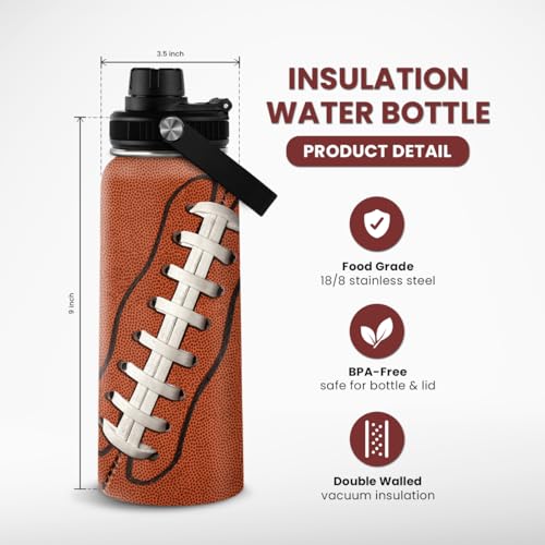Image of SANDJEST Football Water Bottle - 32oz Insulated Stainless Steel Sports Bottles - Gifts for Men Football Lovers Fan Players