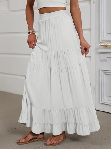 Image of ANRABESS Womens Maxi Skirt Elastic High Waist Swing Tiered A-line Flowy Pleated Boho Beach Vacation Long Skirts