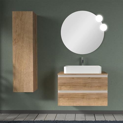 Inbagno Mobile bagno sospeso 80 cm per lavabo da appoggio, serie Master 2 cassetti, completo di top e specchio (Rovere Miele)