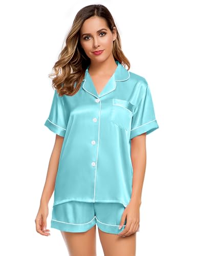 Image of LecGee Womens Silk Satin Pajamas Short Sleeve Loungewear Two-Piece Sleepwear Button-Down Pj Set