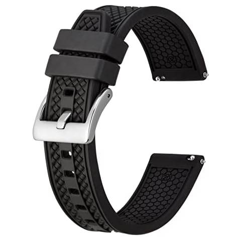 BISONSTRAP 22mm Silicone Watch Bands for Men, High Performance Fluororubber Rubber Watch Strap with Quick Release, (Black, Silver Buckle) Cover