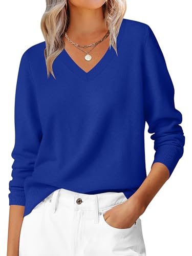 ANRABESS Womens Long Sleeve V Neck Sweaters 2025 Fall Casual Classic Soft Loose Fit Basic Pullover Jumper Top Royal Blue Large