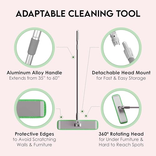 Turbo Microfiber Mop Floor Cleaning System - 18-inch Dust Mop with 4 Reusable Pads for Hardwood and Tile, 360-Spin Floor Mop Head & Extendable Handle - Household Cleaning Tools