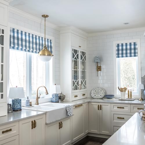 Image of TWOPAGES No Drill Cordless Buffalo Light Blue Plaid Roman Shades Gingham Checkered Roman Blinds for Windows, Customized Room Darkening Blackout Blinds Farmhouse Shades, 1 Piece