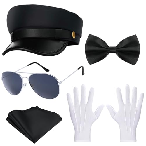 Kavoc Costume de chauffeur 5 pièces avec chapeau de chauffeur de limousine, gants, mouchoir, lunettes pour homme et femme, pour fête et costumade (style 2)