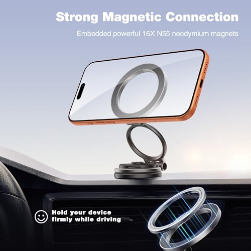Image of GolbinBox Car Phone Holder for MagSafe [360Rotation] Metal Design iPhone Car Mount,Folding Car Mount [Detachable Base] Strong Magnetic Phone Holder for Car Dash,for iPhone 17 16 15 14 Pro Max, Gray