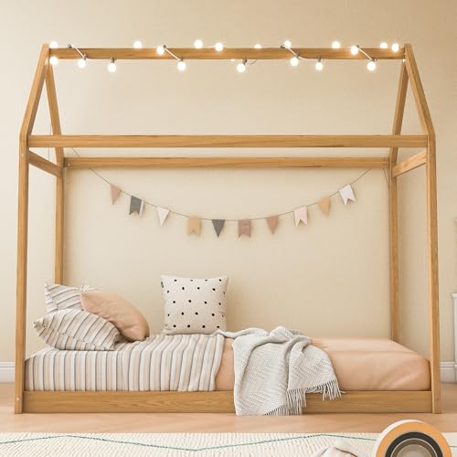 Merax Twin Size House Bed Frame with LED Lights, Solid Wood Montessori Floor Bed, Low Platform Kids Play House Bed for Boys