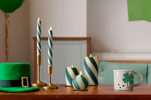 Image of Luminara - Flameless Holiday Crystal Beads Glitter Sphere Candle - Candy Cane Green- Pack of 1-4x4.25 - Auto Timer Built-in 5-Hour Timer Indoor Use