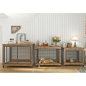 IchbinGo Dog Crate Furniture, Wooden Dog Crate Table, 43.7" Dog Kennel with 3 Doors, Flip-up Top Opening and Wheels, Decorative Pet Crate House for Large/Medium/Small Dog Indoor Use (Rustic Brown) IchbinGo Dog Crate Furniture Wooden Dog Crate Table 437 Dog Kennel with 3 Doors Flip up Top Opening and Wheels Decorative Pet Crate House for LargeMediumSmall Dog Indoor Use Rustic Brown