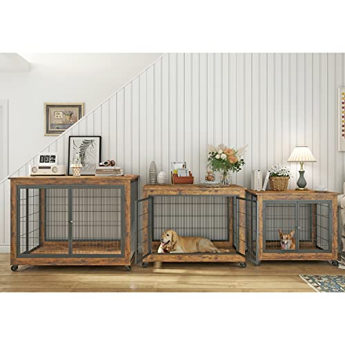IchbinGo-Dog-Crate-Furniture-Wooden-Dog-Crate-Table-437-Dog-Kennel-with-3-Doors-Flip-up-Top-Opening-and-Wheels-Decorative-Pet-Crate-House-for-LargeMediumSmall-Dog-Indoor-Use-Rustic-Brown IchbinGo Dog Crate Furniture Wooden Dog Crate Table 437 Dog Kennel with 3 Doors Flip up Top Opening and Wheels Decorative Pet Crate House for LargeMediumSmall Dog Indoor Use Rustic Brown