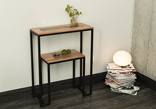 Tavolini Furniture 26" Wide Solid Oak Console Table With Metal Black Frame, Natural Brown #TOP5