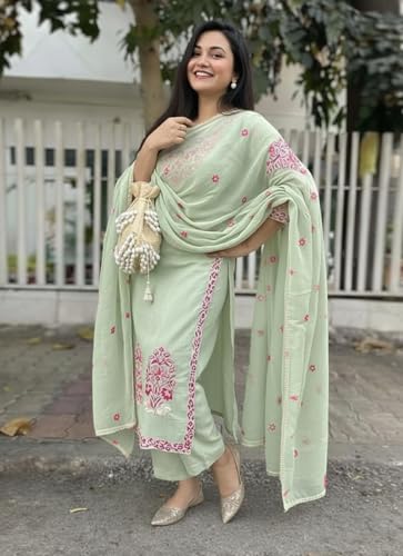 Image of GoSriKi Kurta Sets for Women Viscose Embroidered | Kurta Pant Dupatta Set | Straight Kurti Set for Women | Round Neck 3 /4 Sleeve Ethnic Suit | Designer Indian Kurti Outfit with Pants