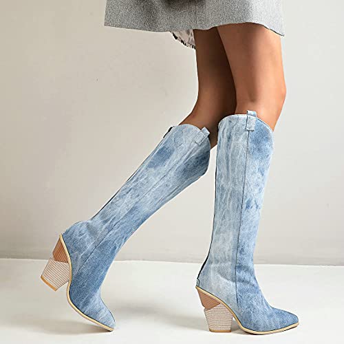 Trendenzy Women's Chunky Knee High Cowgirl Boots Pointed Toe High Heel Western Boots4