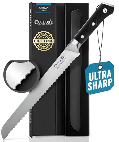 Cutluxe Bread Knife, 10″ Serrated Knife, Perfect for Homemade, Sourdough Bread – High Carbon German Steel, Full Tang, Ergonomic Handle Design – Artisan Series
