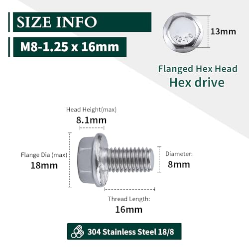 Image of M8-1.25 x 16mm Hex Flange Bolt (0.63 inch Thread Length), DIN6921, Serrated Locking Flange, 304 Stainless Steel, UNC Full Thread, 20-Pack