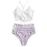ZAFUL Women's Scalloped Textured Swimwear High Waisted Wide Strap Adjustable Back Lace-up Bikini Set...