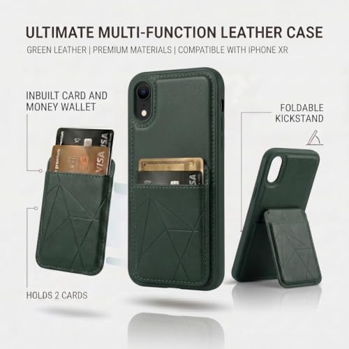 Image of amazon basics Premium Vegan Leather Back Cover with Card Holder and Integrated Mobile Stand for iPhone XR - Slim Shockproof Wallet Case with Geometric Stitching [Green]