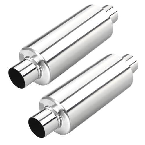 Image of LCGP 2 inch Inlet Universal Resonator Muffler, 2 inch Outlet 13.77 inch Overall Length Stainless Steel High Performance Muffler, Polished, Pass-Thru Design 2pack