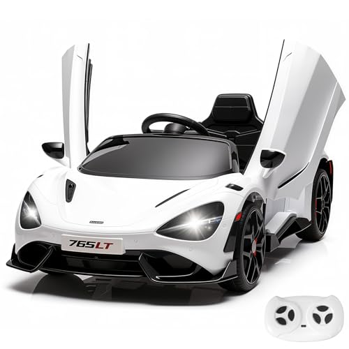 MUKIDY Kids Ride-on Car Licensed McLaren765LT for 3-6Years Old, Electric car 12V Battery Powered Electric Vehicle, w/Parent Remote, Music Player, LED Lights, Smooth Start, 3 Speeds, (White)