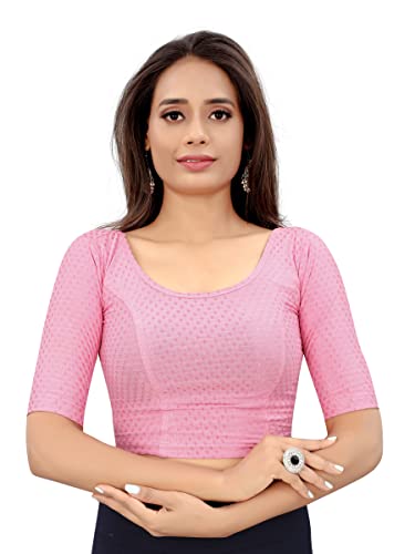 Image of Round Neck Dobby Cotton Lycra Stretchable Elbow Sleeve Readymade Saree Blouse for Women Stylish