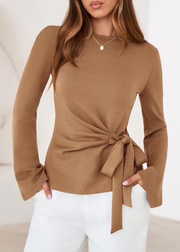 Lazysmile Womens 2026 Spring Long Sleeve Shirts Crewneck Tie Waist Crop Going Out Tops Casual Business Blouses Khaki — view 4