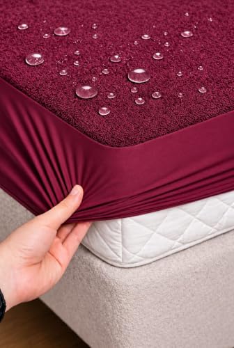 Image of Waterproof Mattress Protector Single 36x72 inch (3x6ft) | Elastic Fitted Bedsheet | Soft & Durable Gadda Cover Dustproof By Bharat Griha BG16 (Wine, Small Single 36x72 inch (3x6ft), Mattress Cover)