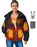 Genovega Women Short Heated Jacket Waterproof Puffy Warm Coat Battery Pack Included, Black, Large