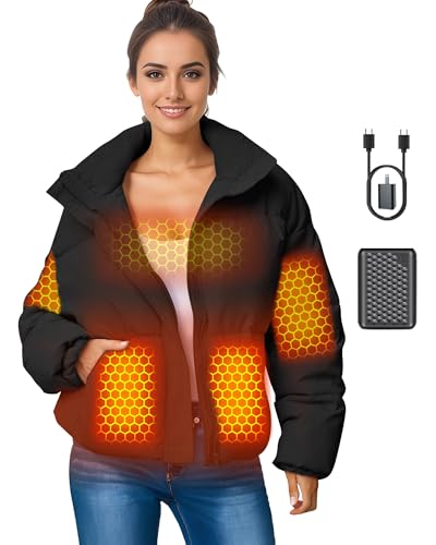 Women Short Heated Jacket Battery Pack Included Puffy Warm Coat