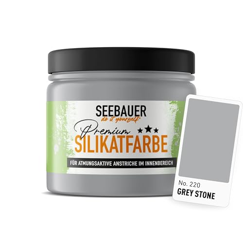 SEEBAUER diy Silikatfarbe Grau 300ml für Innen (No. 220 Grey Stone) Atmungsaktive Mineralfarbe für Allergiker - Abwaschbare Wandfarbe - Grautöne hohe Deckkraft