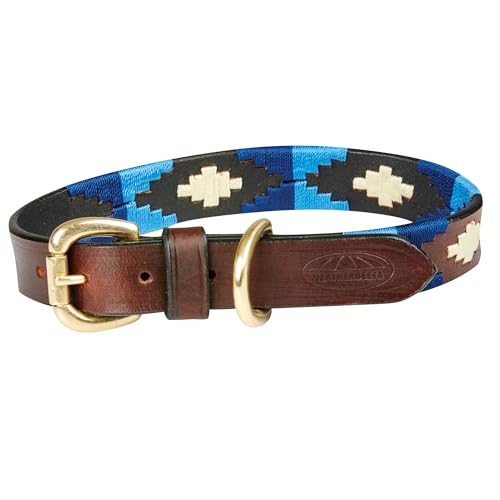 WeatherBeeta Polo Leather Dog Collar, Cowdray Brown/Blue/Blue, Extra Small