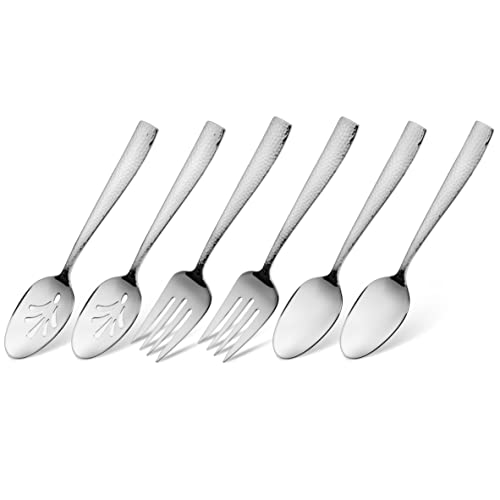 Hudson Essentials 6-Piece Hammered 18/10 Stainless Steel Silverware Serving Spoons and Forks Set - Hostess Buffet Flatware