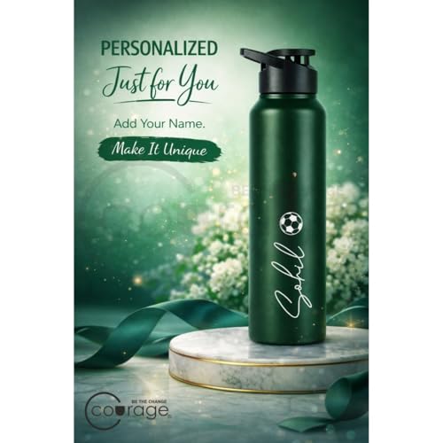 Image of COURAGE Stainless Steel Customize Sipper Water Bottle 1Liter Leak Proof for Fridge Home Office Travel School Kids Boys Girls Adults Sports Gym Yoga - Green
