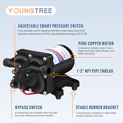 Image of YOUNGTREE 12V RV Water Pump 3.5GPM 55PSI On Demand Fresh Water Pressure Diaphragm Pump 12 Volt Self Priming with Pressure Switch for RV Camper Marine Sprayer Outdoor Shower Kitchen Garden