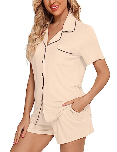 Image of Pjmlifecoco Women's Modal Pajama Set Short Sleeve Button Down Two Piece Soft Sleepwear with Shorts Loungewear S-XXL