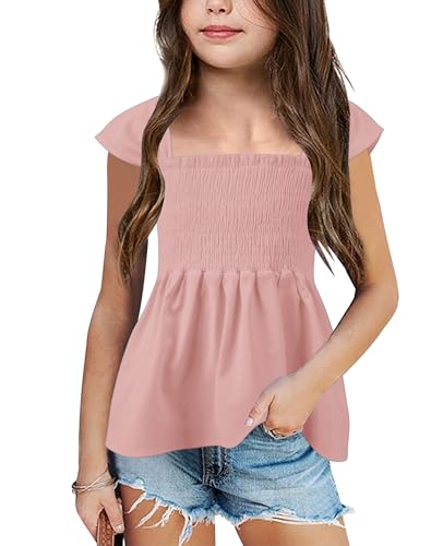 Image of Bingerlily Girls Summer Casual Tops Square Neck T Shirts Cute Smocked Top Tees
