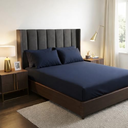 400TC Cotton Feel Glace Cotton Double Bed Elastic Fitted Bedsheet King Size Set || Includes 1 Solid Plain Fitted Bedsheet King Size with 2 Pillow Covers (78 × 72 Inches, Charcoal)