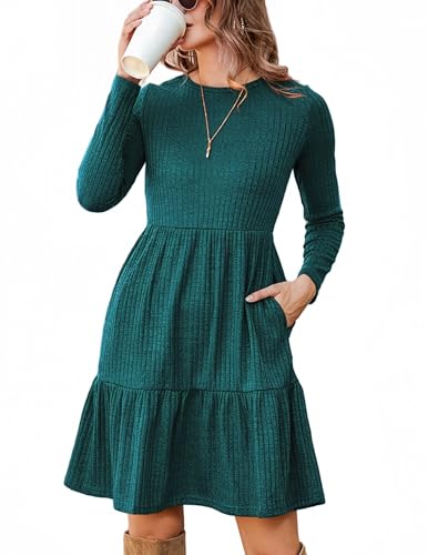 Zeagoo Pulloverkleid Damen mit Taschen Elegant Rundhals Langarm Herbstkleid Casual Knielang A Linie Kleider Blaugrün M