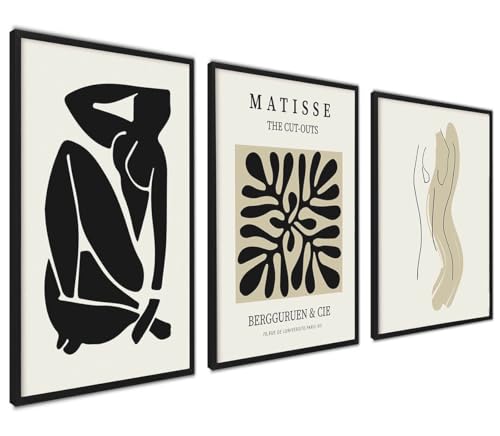 ag.art deco Quadri Moderni Soggiorno con Cornice Nera 40x50 cm | Poster da Parete | Quadri Camera da Letto o il Soggiorno | Set di 3 Stampe da Parete (Set Matisse Nero)