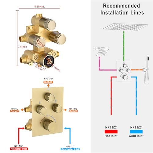 Sistema de grifería con cabezal de ducha dual de lluvia 14x20 pulgadas con LED, apoyo de techo, cabezal de pared de 6 pulgadas y ducha de mano miniatura 6