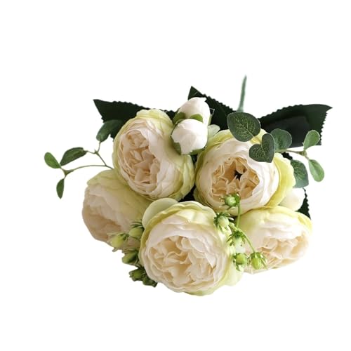 Ramo pequeño de 5 peonías pequeñas de 30 cm, estilo coreano, 5 rosas Philippos, decoración for el hogar, decoración de bodas(White green)