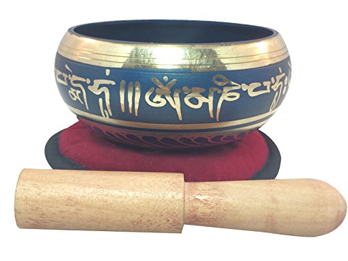 Bol chantant tibétain bleu Devyom gravé du mantra Mani Padme Hum pour méditation